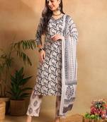 Navy blue printed cotton blend fancy straight trousers with dupatta