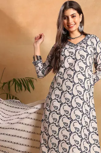 Navy blue printed cotton blend fancy straight trousers with dupatta