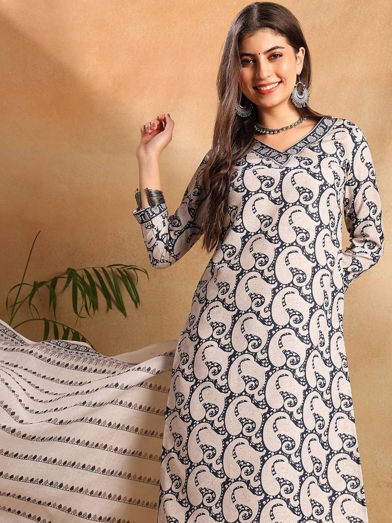 Navy blue printed cotton blend fancy straight trousers with dupatta