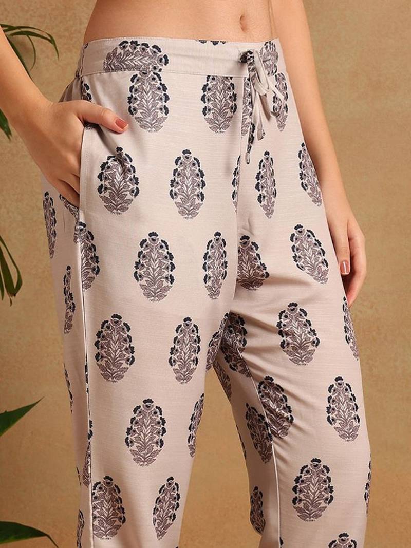 Navy blue printed cotton blend fancy straight trousers with dupatta