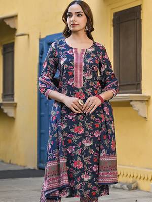 Navy blue printed cotton blend fancy straight trousers with dupatta 2