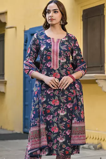 Navy blue printed cotton blend fancy straight trousers with dupatta