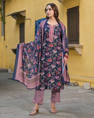 Navy blue printed cotton blend fancy straight trousers with dupatta 3