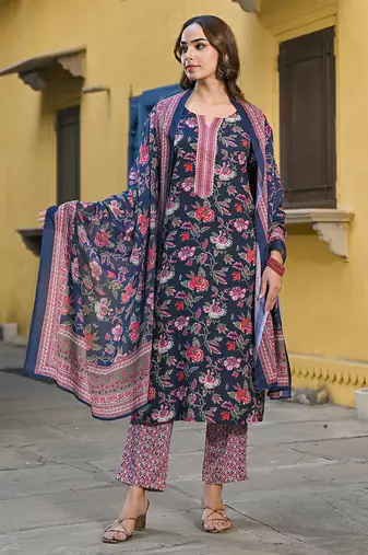 Navy blue printed cotton blend fancy straight trousers with dupatta
