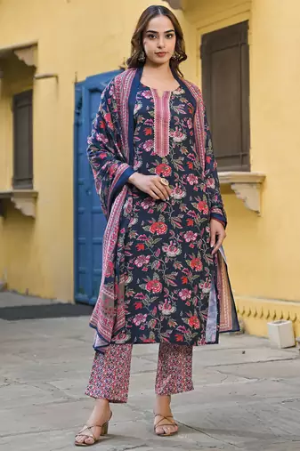 Navy blue printed cotton blend fancy straight trousers with dupatta