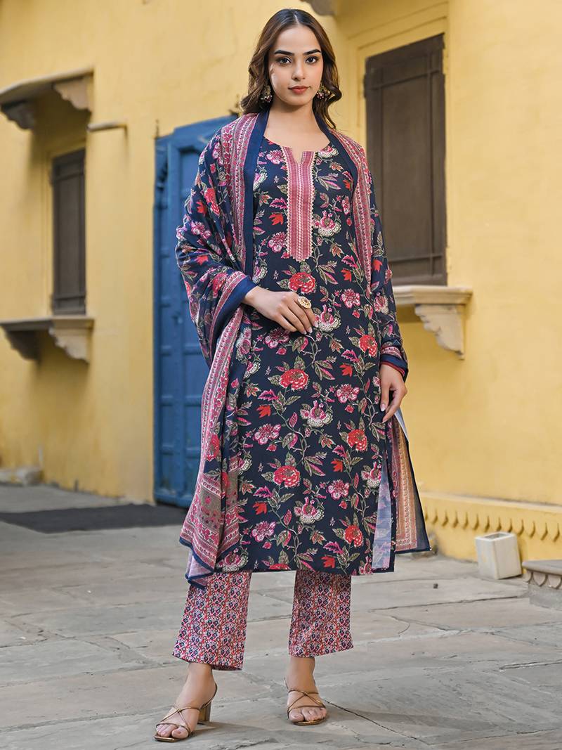 Navy blue printed cotton blend fancy straight trousers with dupatta