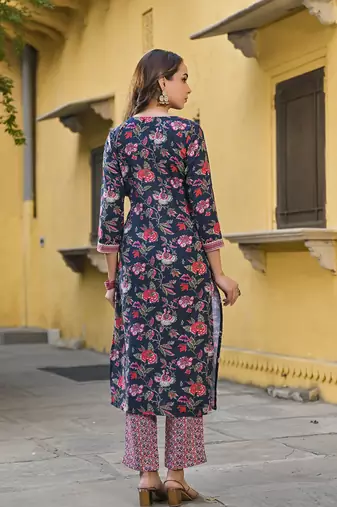 Navy blue printed cotton blend fancy straight trousers with dupatta