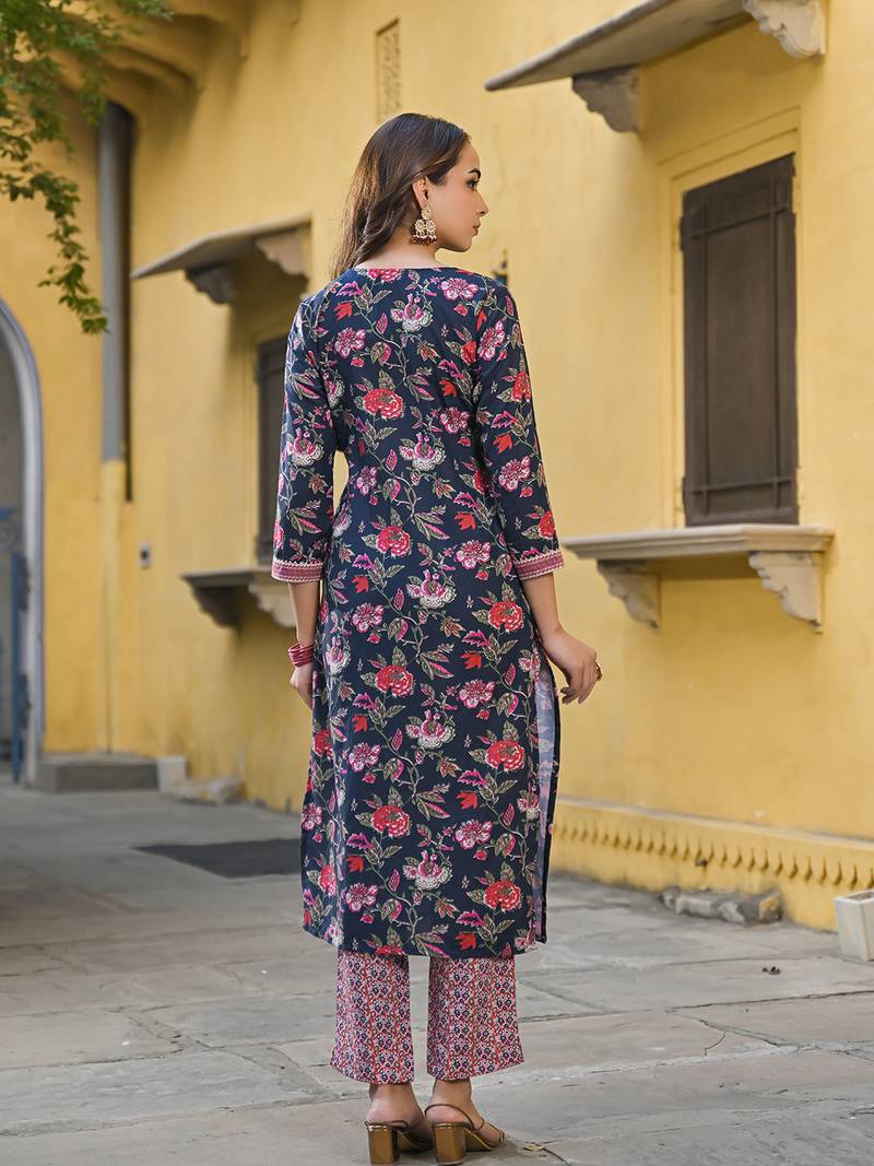 Navy blue printed cotton blend fancy straight trousers with dupatta