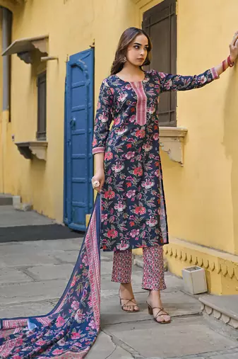 Navy blue printed cotton blend fancy straight trousers with dupatta