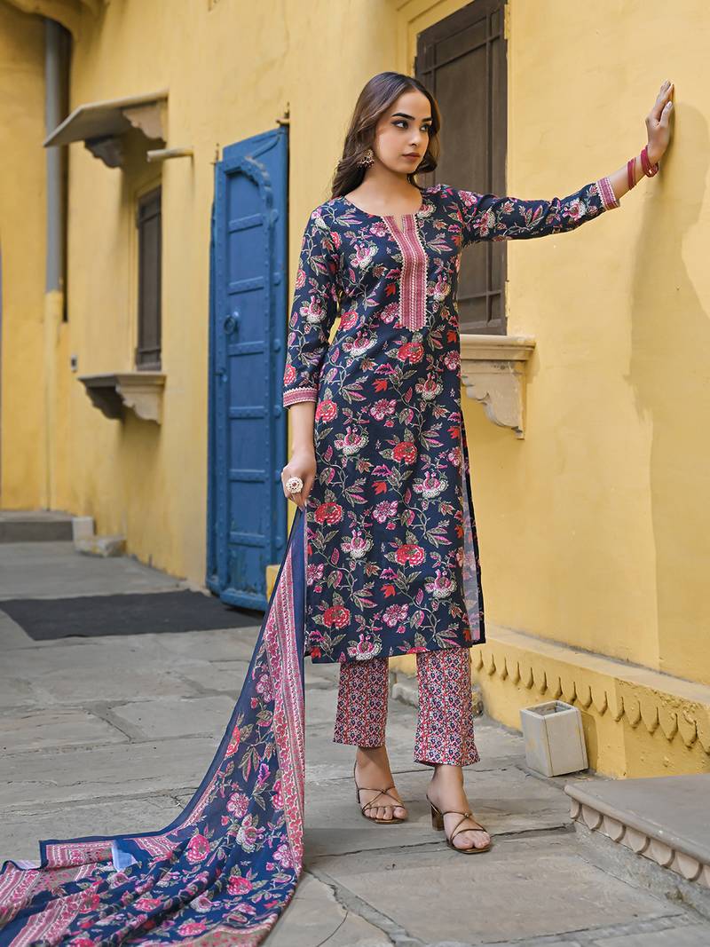 Navy blue printed cotton blend fancy straight trousers with dupatta