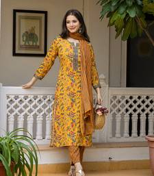 Yellow printed cotton blend fancy straight trousers with dupatta
