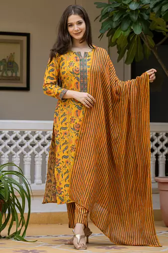 Yellow printed cotton blend fancy straight trousers with dupatta