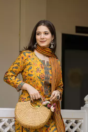 Yellow printed cotton blend fancy straight trousers with dupatta