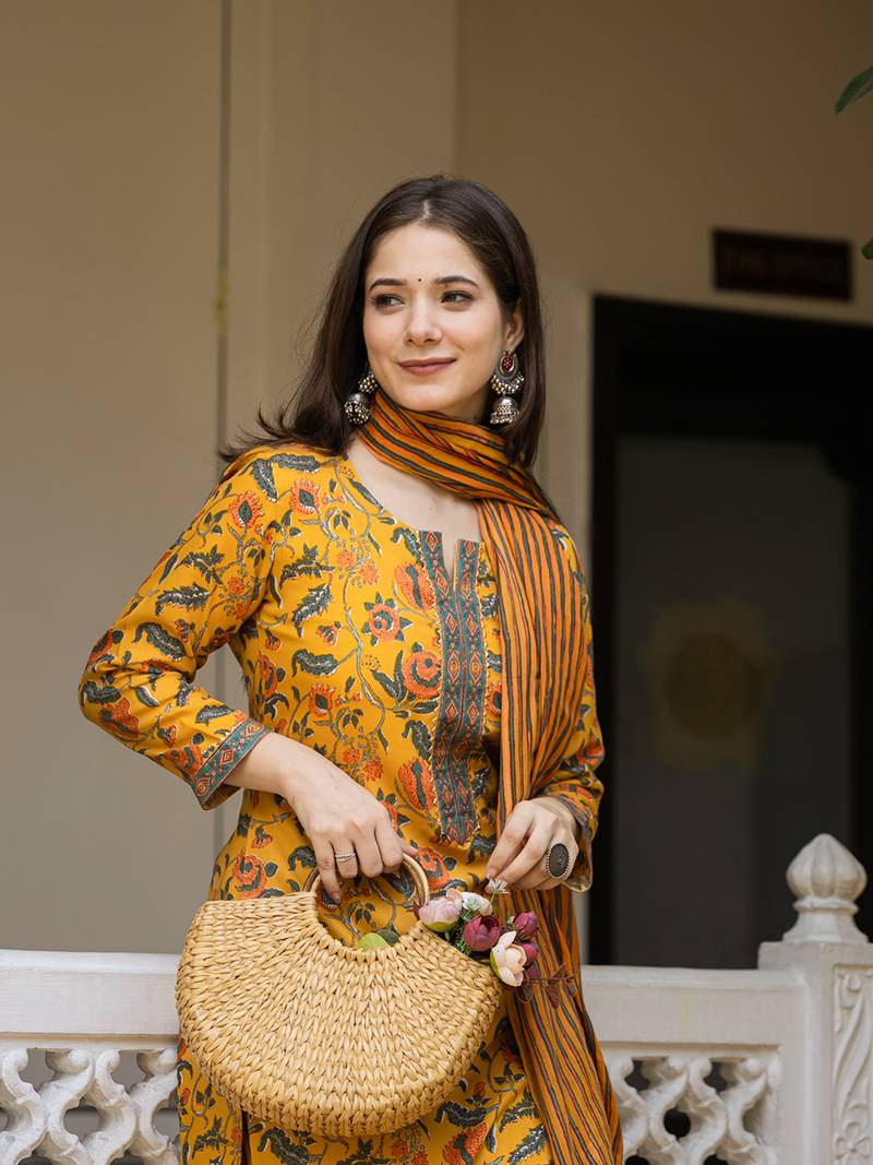 Yellow printed cotton blend fancy straight trousers with dupatta