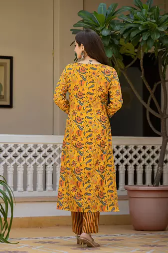 Yellow printed cotton blend fancy straight trousers with dupatta