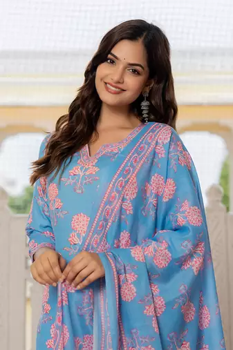 Blue printed cotton blend fancy straight trousers with dupatta