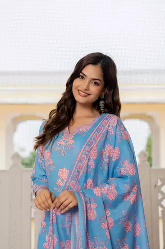 Blue printed cotton blend fancy straight trousers with dupatta