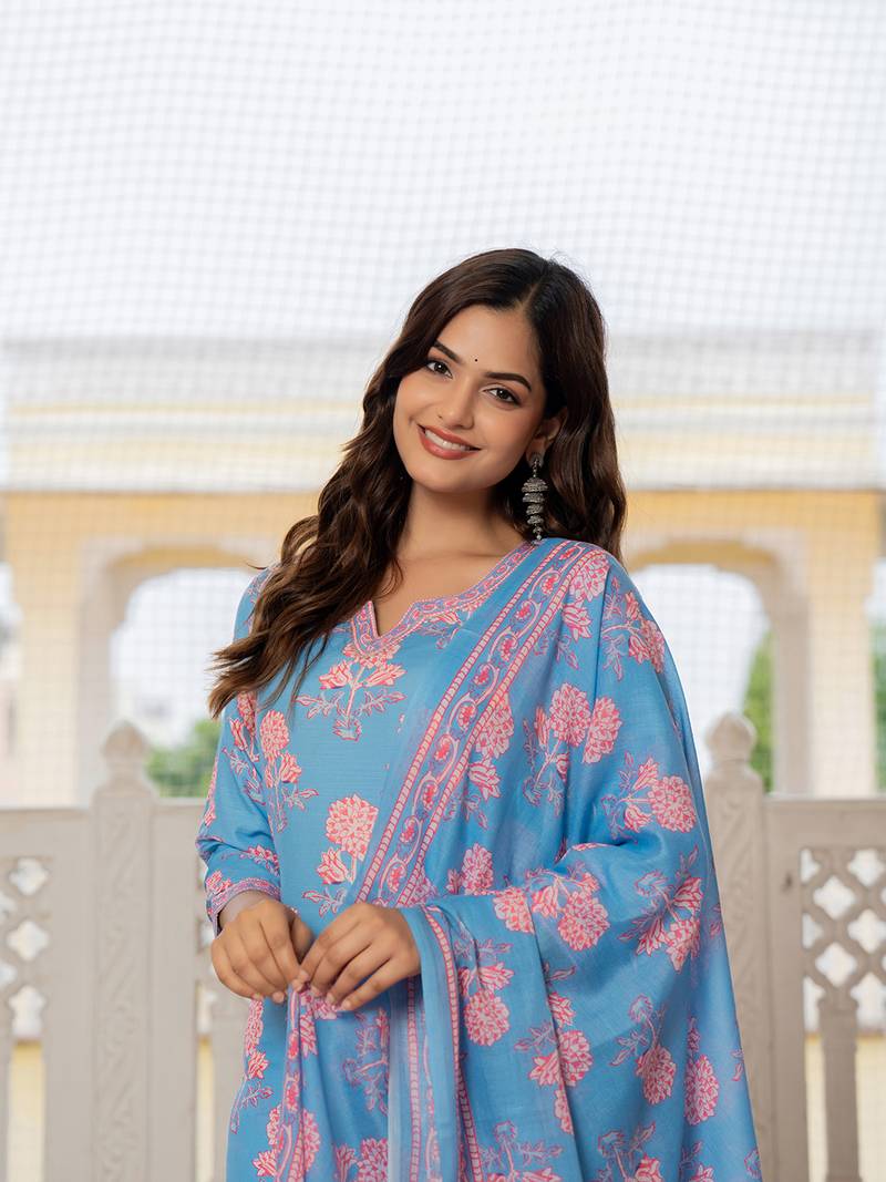Blue printed cotton blend fancy straight trousers with dupatta