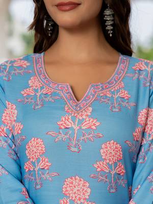 Blue printed cotton blend fancy straight trousers with dupatta 1