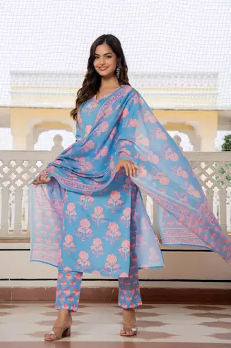 Blue printed cotton blend fancy straight trousers with dupatta