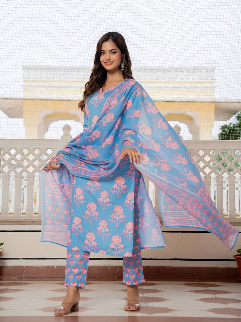 Blue printed cotton blend fancy straight trousers with dupatta