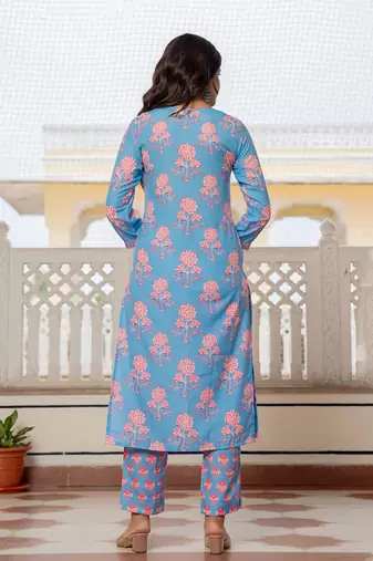 Blue printed cotton blend fancy straight trousers with dupatta