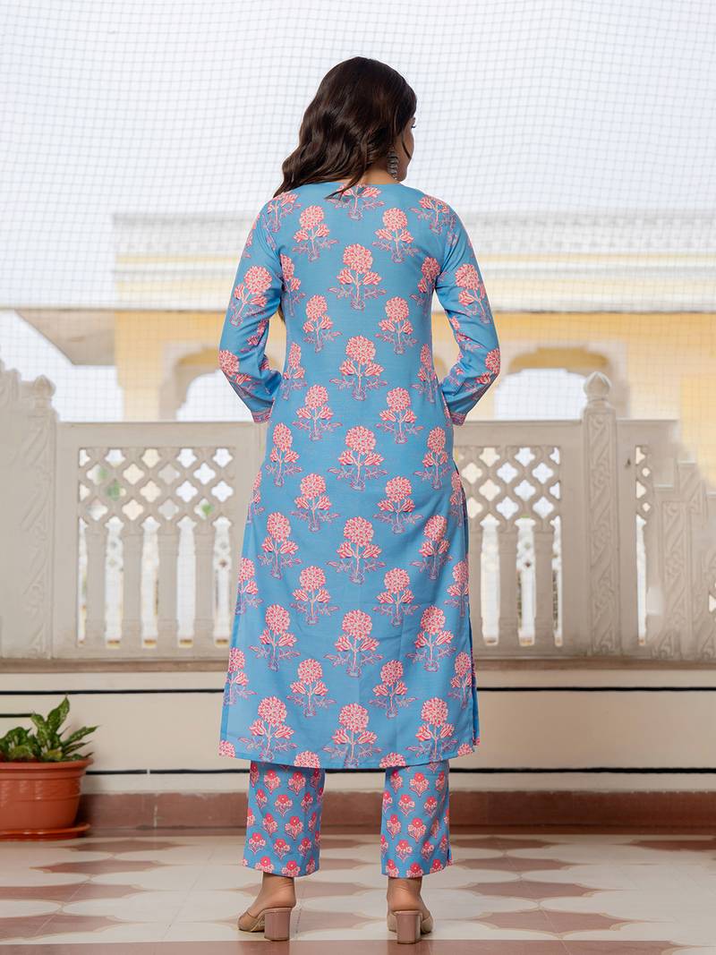 Blue printed cotton blend fancy straight trousers with dupatta