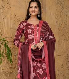 Maroon printed cotton blend fancy straight trousers with dupatta