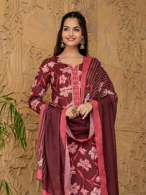Maroon printed cotton blend fancy straight trousers with dupatta 2
