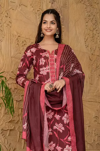 Maroon printed cotton blend fancy straight trousers with dupatta