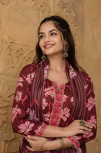 Maroon printed cotton blend fancy straight trousers with dupatta