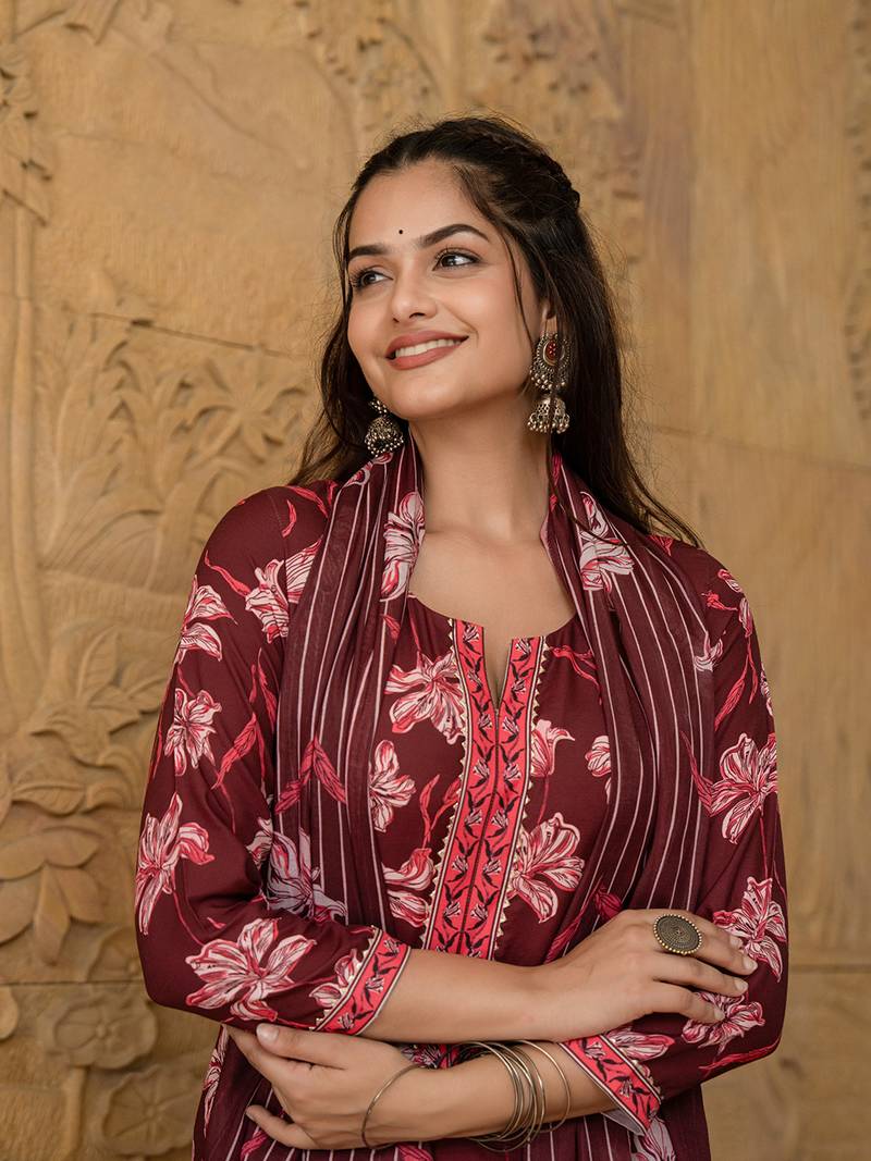 Maroon printed cotton blend fancy straight trousers with dupatta