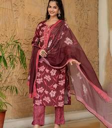 Maroon printed cotton blend fancy straight trousers with dupatta