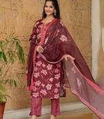 Maroon printed cotton blend fancy straight trousers with dupatta