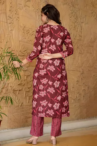 Maroon printed cotton blend fancy straight trousers with dupatta
