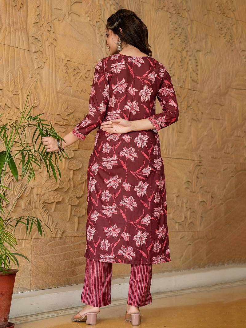 Maroon printed cotton blend fancy straight trousers with dupatta