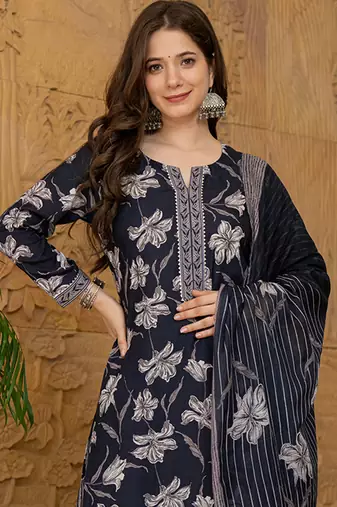 Black printed cotton blend fancy straight trousers with dupatta