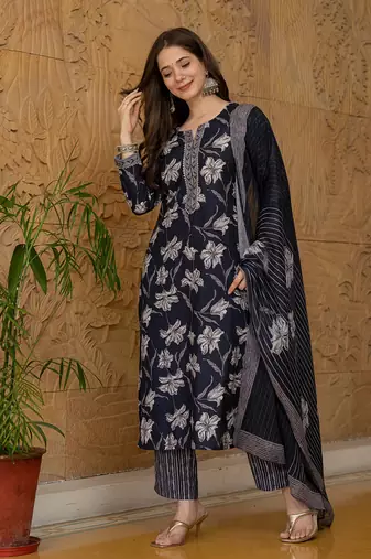 Black printed cotton blend fancy straight trousers with dupatta