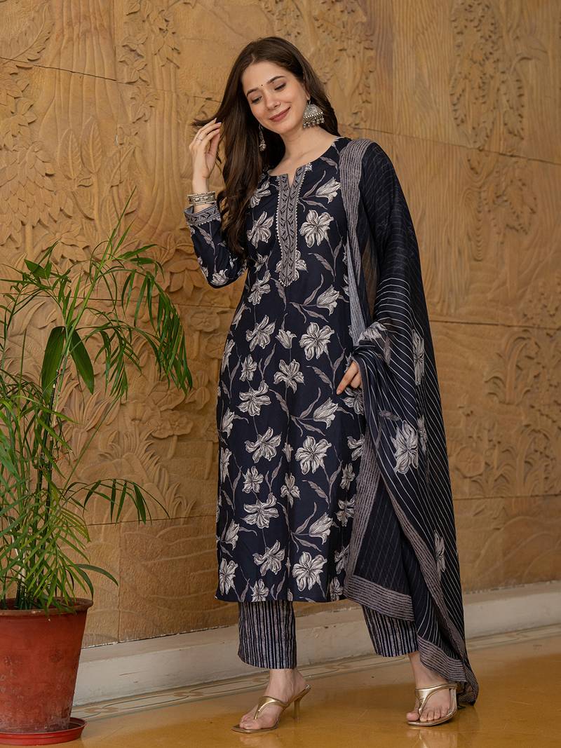 Black printed cotton blend fancy straight trousers with dupatta