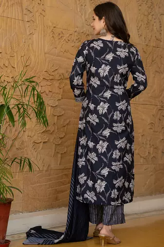 Black printed cotton blend fancy straight trousers with dupatta