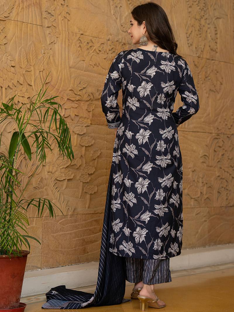 Black printed cotton blend fancy straight trousers with dupatta