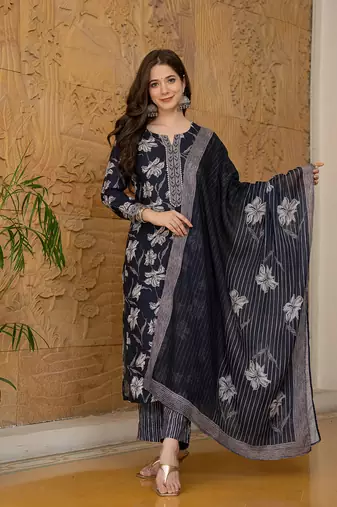 Black printed cotton blend fancy straight trousers with dupatta