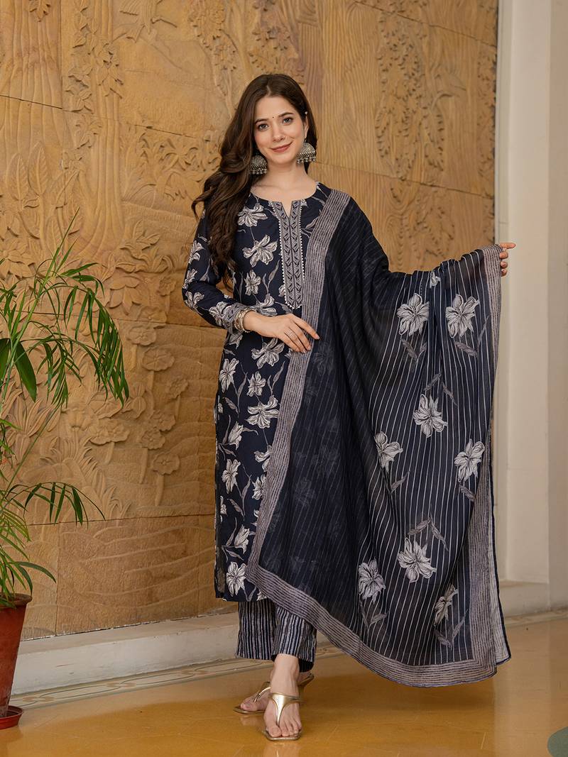 Black printed cotton blend fancy straight trousers with dupatta