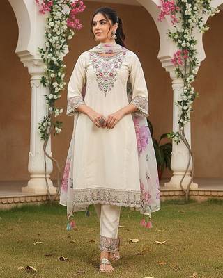 Off white solid silk blend embroidered fancy straight kurta trousers with dupatta 1