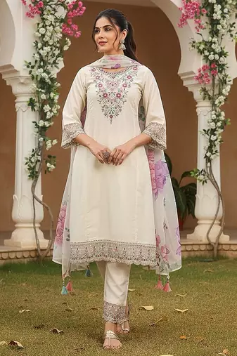 Off white solid silk blend embroidered fancy straight kurta trousers with dupatta