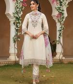 Off white solid silk blend embroidered fancy straight kurta trousers with dupatta
