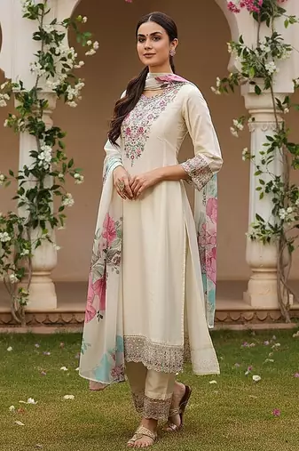 Off white solid silk blend embroidered fancy straight kurta trousers with dupatta