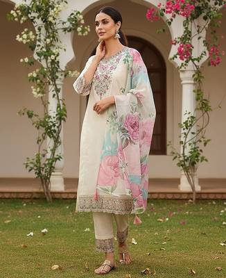 Off white solid silk blend embroidered fancy straight kurta trousers with dupatta 4