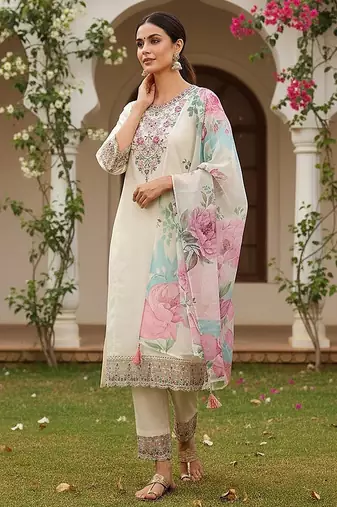 Off white solid silk blend embroidered fancy straight kurta trousers with dupatta