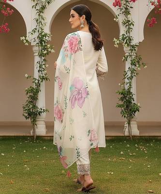 Off white solid silk blend embroidered fancy straight kurta trousers with dupatta 5